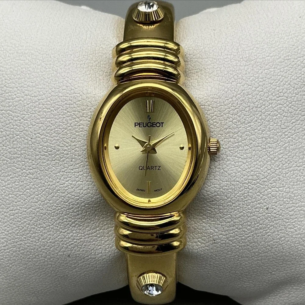Peugeot Womens Watch 21mm Gold Tone Hinged Bangle Crystals New Battery